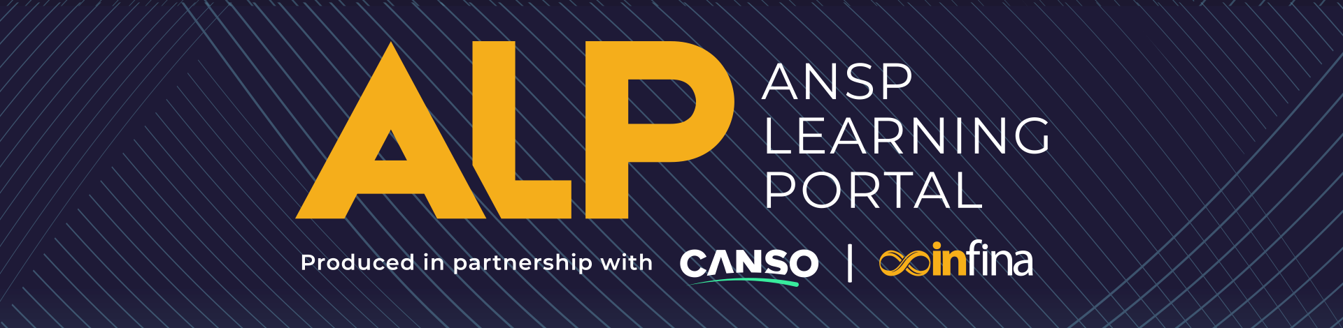 ANSP Learning Portal in Partnership with CANSO text logo over dark blue stylized background with decorative lines