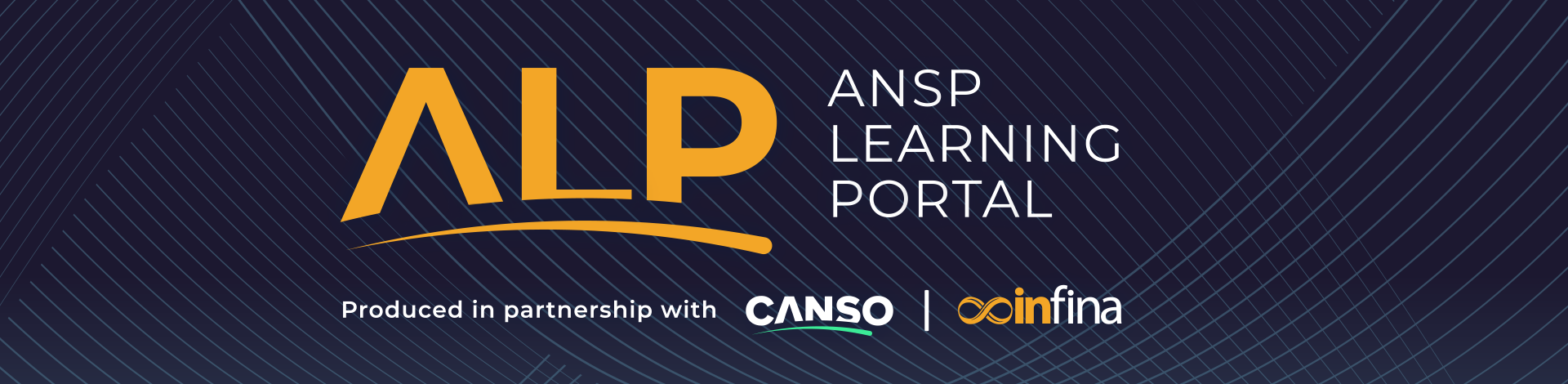 ANSP Learning Portal in Partnership with CANSO text logo over dark blue stylized background with decorative lines
